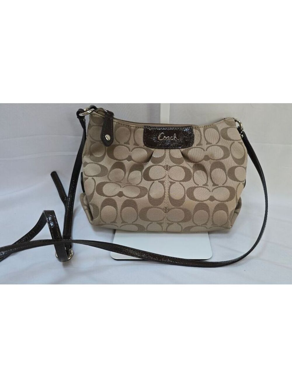 Coach Dotted Optic Signature Jacquard Crossbody Bag Khaki Brown Patent Leather